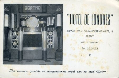92-toets Mortier-orchestrion, verbouwd door Oscar Grymonprez, verhuurd in 'Hotel de Londres' in Gent