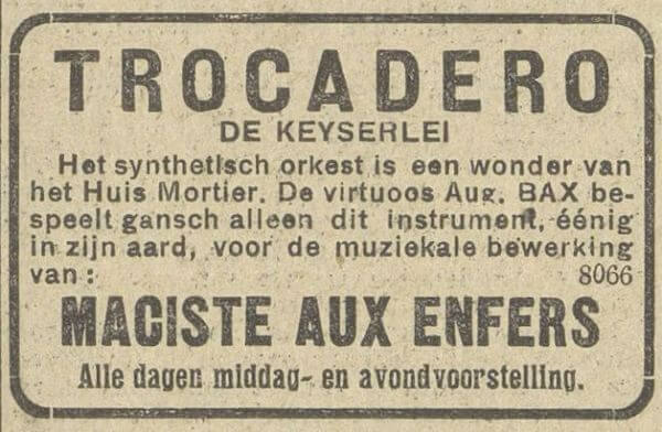 Advertentie voor Mortier-theaterorgel cinema Trocadero